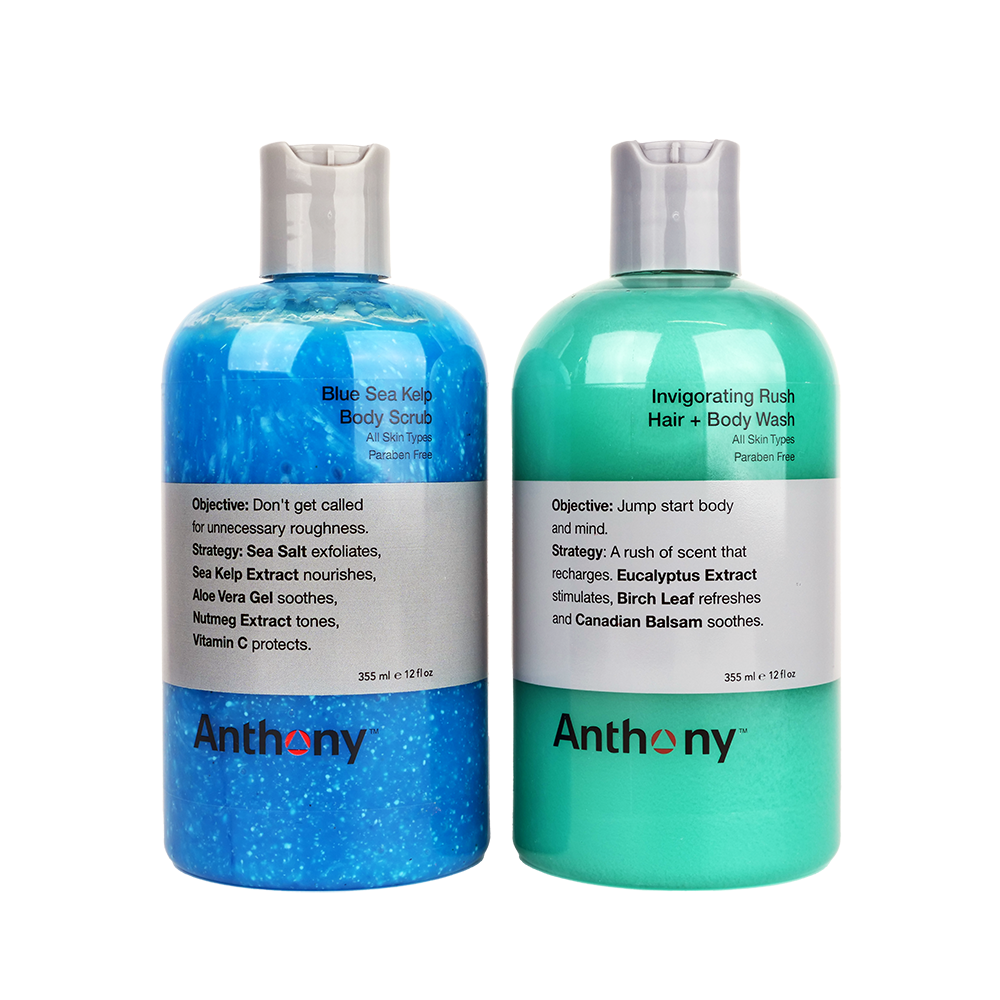 Anthony Blue Sea Kelp Body Scrub and Invigorating Rush Hair & Body Wash Duo