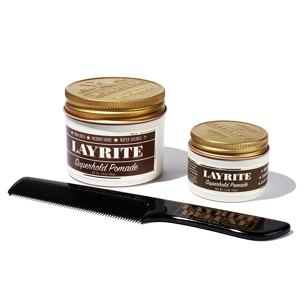 Layrite Superhold Pomade Bundle with comb for a high hold and medium shine hair style finish for men.