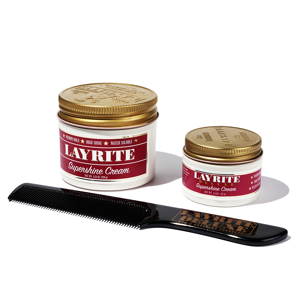 Layrite Supershine Cream Bundle with comb providing a medium hold and high shine to men's hair