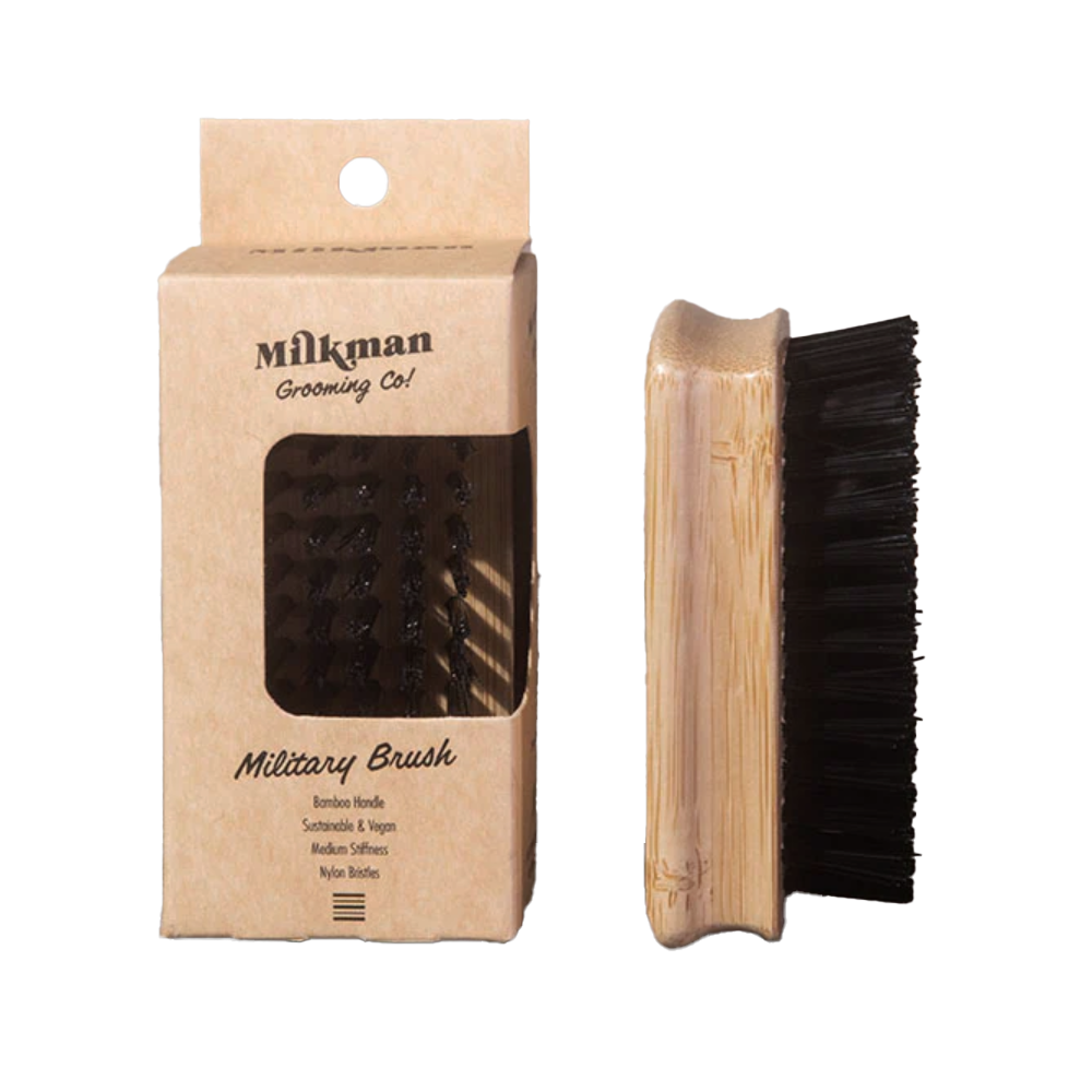 Milkman Grooming Co Military Beard Brush with Bamboo handle and nylon bristles providing a medium stiffness