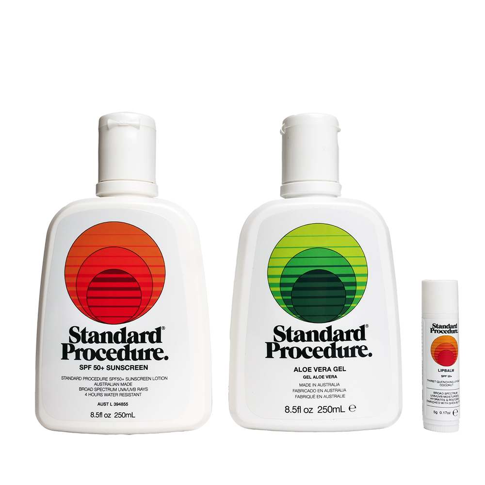 Standard Procedure Sun Ready Set with sunscreen, aloe vera gel and lip balm