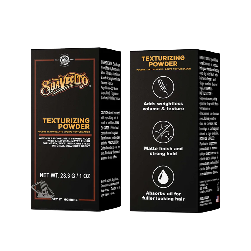 Suavecito Texturizing Powder 28.3g for a natural matte finish, messy textured hairstyles