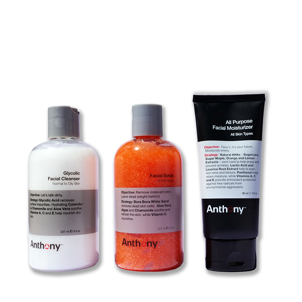 Anthony 1-2-3 Skincare Essentials Kit with facial cleanser, scrub and moisturiser