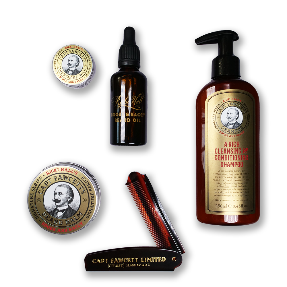 Captain Fawcett Booze & Baccy Beard Bundle with shampoo, beard oil, beard balm, beard oil, moustache wax and beard comb.