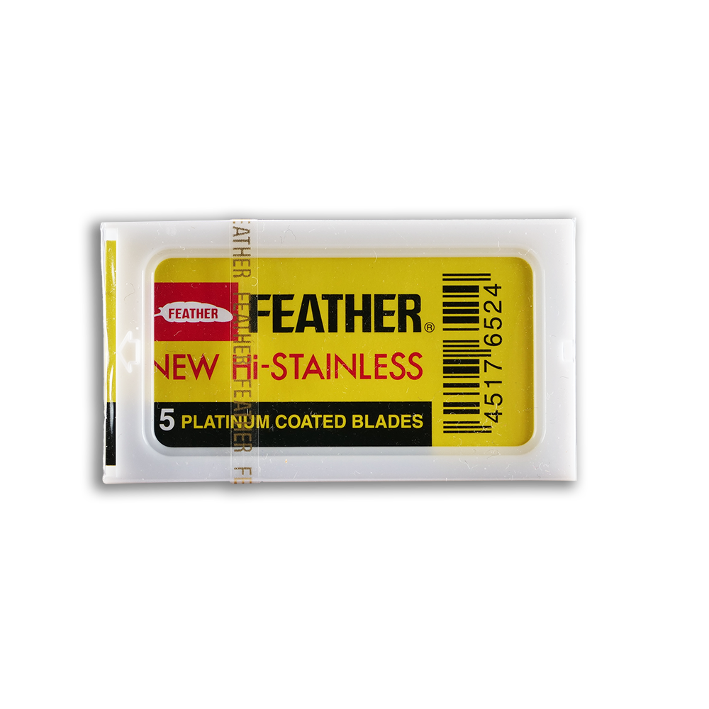 Feather Hi-Stainless platinum coated double edge razor blades containing 5 blades.