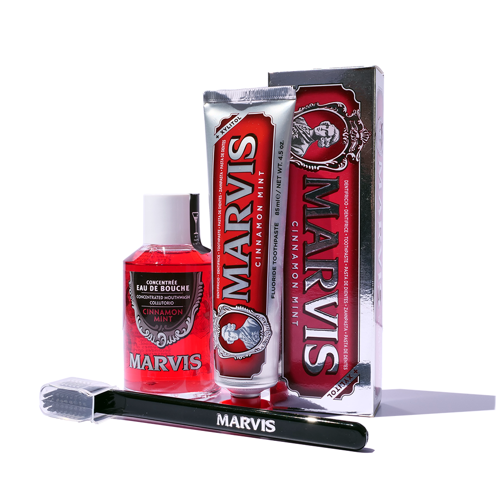 Marvis Cinnamon Mint Bundle with toothpaste, mouthwash and toothbrush