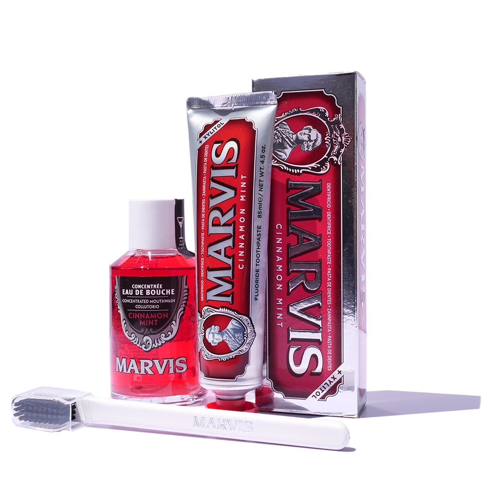 Marvis Cinnamon Mint Bundle Set with toothpaste, mouthwash and toothbrush