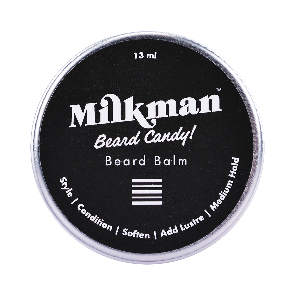 Milkman Grooming Beard Candy Beard Balm in travel size to style condition and soften beards