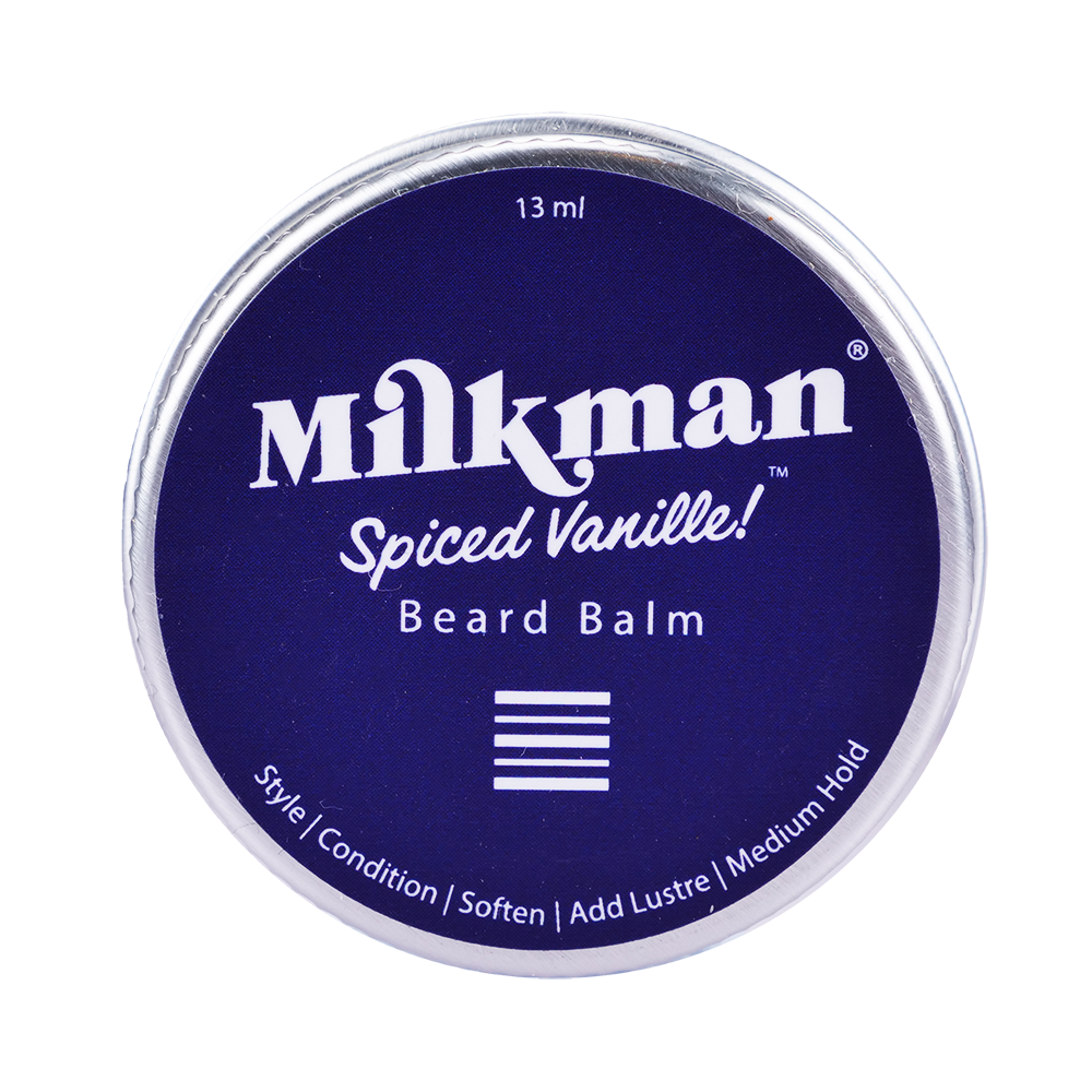 Milkman Grooming Spiced Vanilla Beard Balm in travel size to style, condition, soften beard