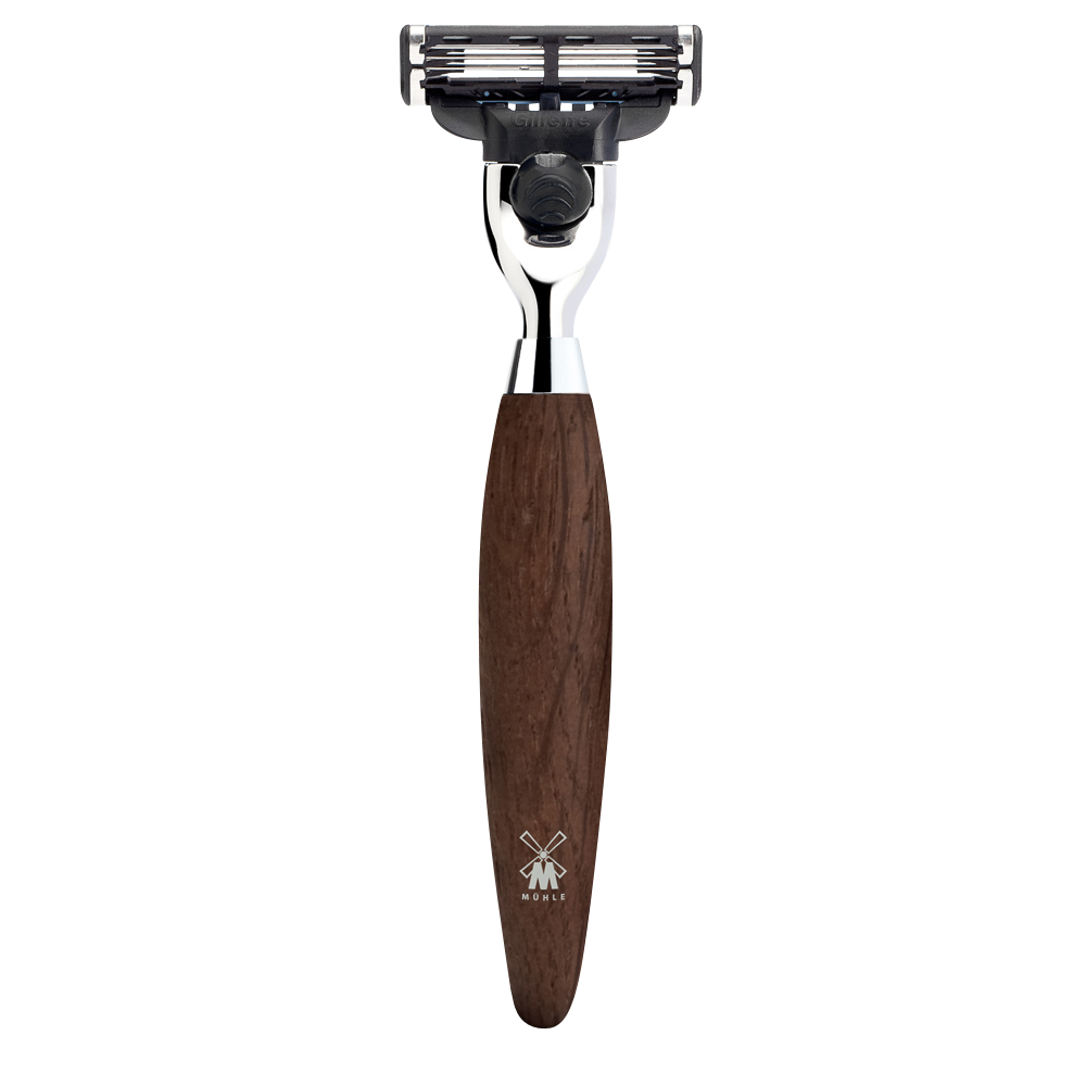 Muhle Kosmo Razor with Bog Oak Handle - Compatible with MACH3 cartridge razors.