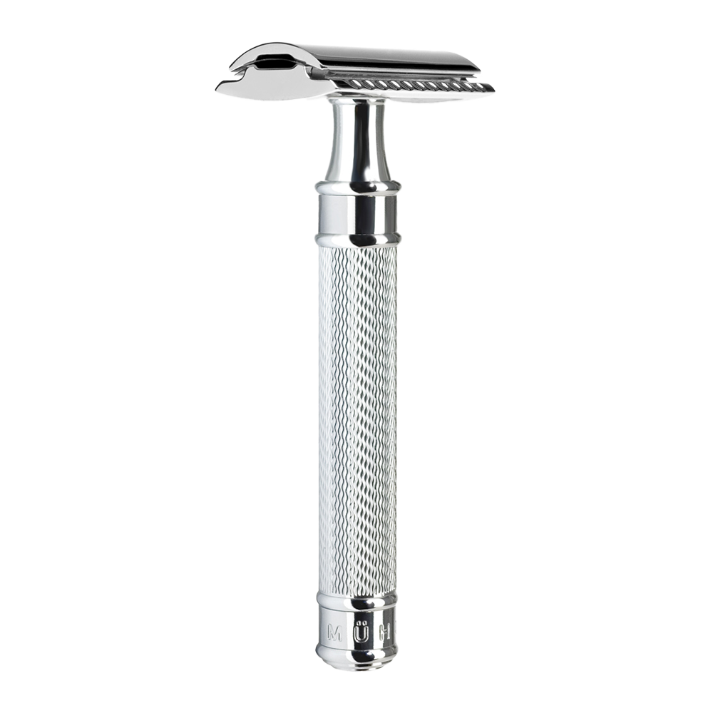 Muhle R89 Grande Safety Razor in upright position