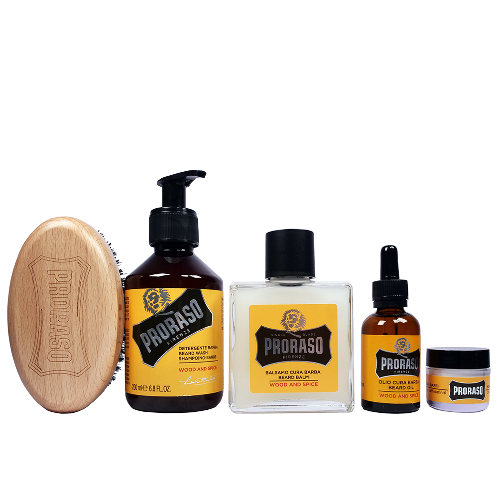 Proraso Wood & Spice Beard Bundle with brush, shampoo, beard balm, beard oil and moustache wax
