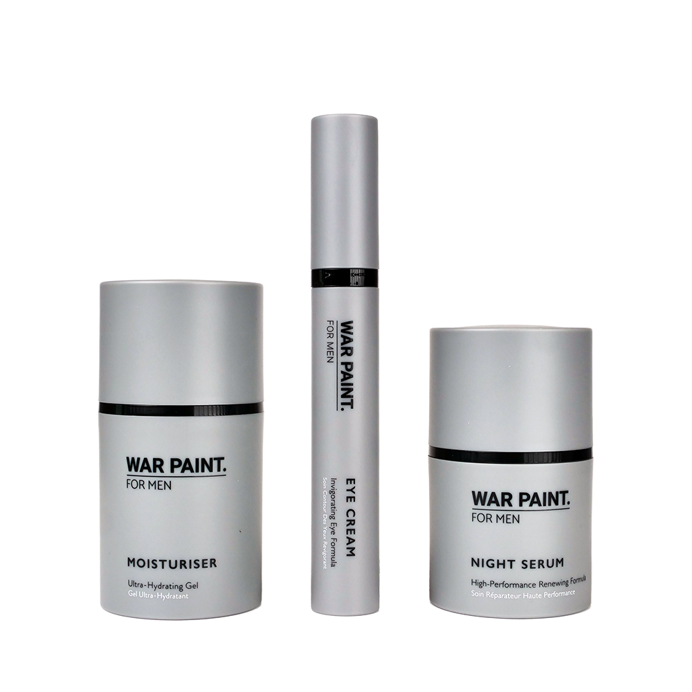 War Paint For Men The Skin Kit - A 3 Step skincare routine for men that includes moisturiser, eye cream and night serum for men's faces